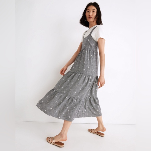 Embroidered Tiered Midi Dress in Gingham Check Size Small - Picture 2 of 4